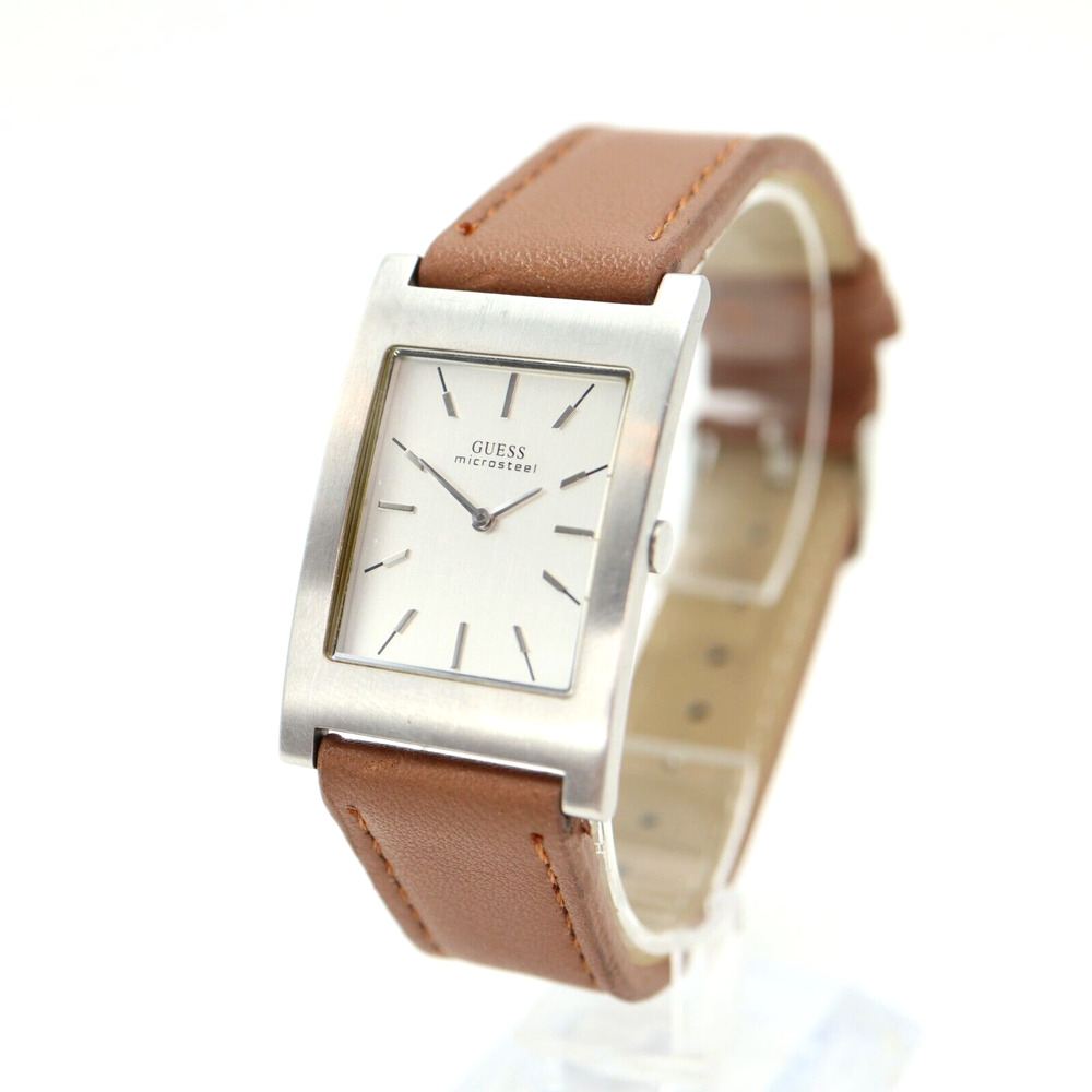 Guess Microsteel Slim Tank Watch 26mm Silver Tone Faux Leather Band New Battery